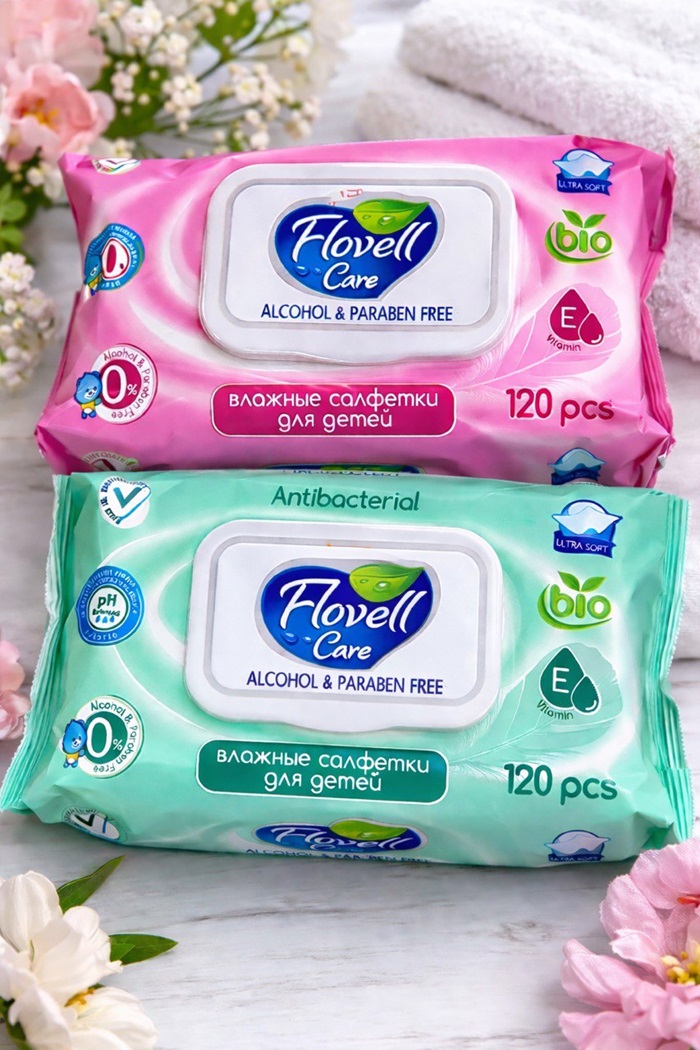 Влажные салфетки Flovell care 120шт антибактериальные (Цвет: Розовый)