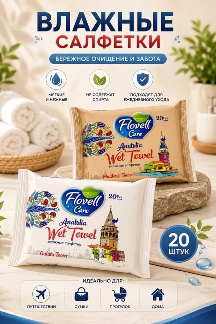 Влажные салфетки Flovell care 20шт (Цвет: Белый)