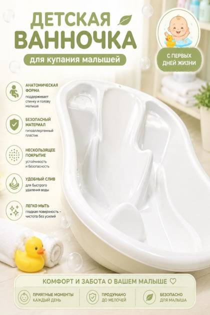 Ванночка детская с горкой для купания белая