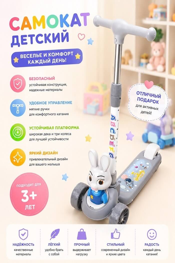 Самокат детский Зайчик серый
