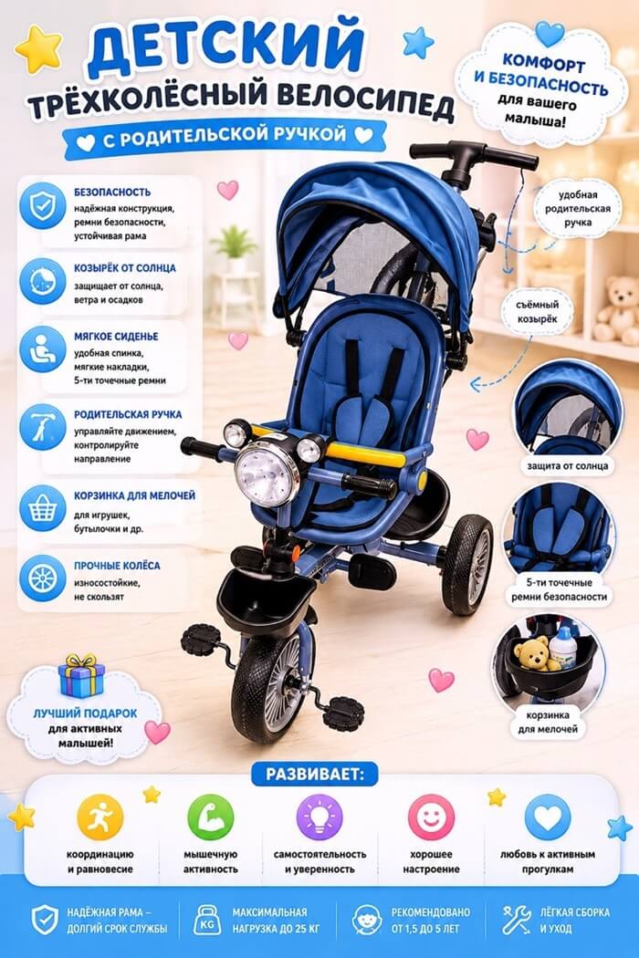 Велосипед детский трёхколёсный с родительской ручкой