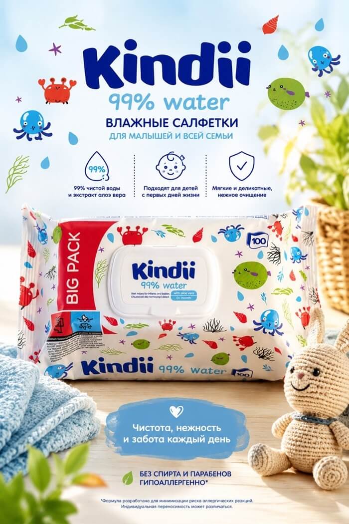 Влажные салфетки Kindii  100 шт