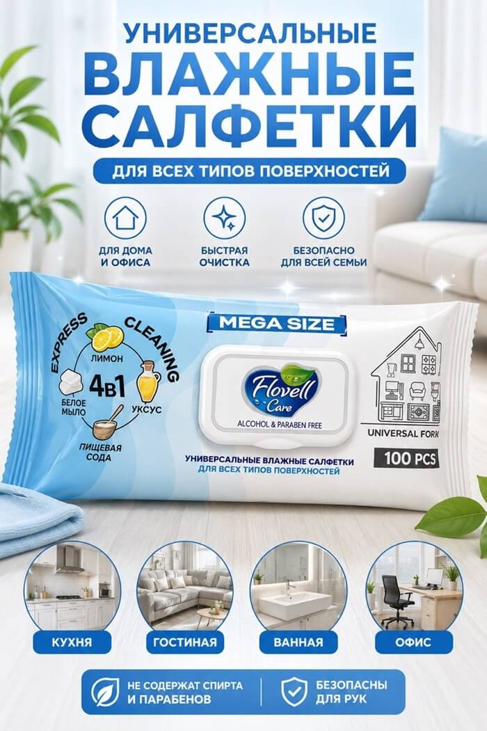 Влажные салфетки  для уборки дома 100 шт