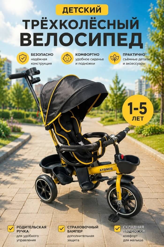 Велосипед детский трёхколёсный с родительской ручкой (103)
