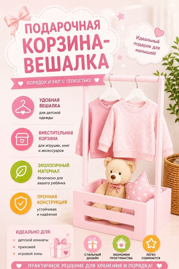 Корзина вешалка подарочная розовая дерево