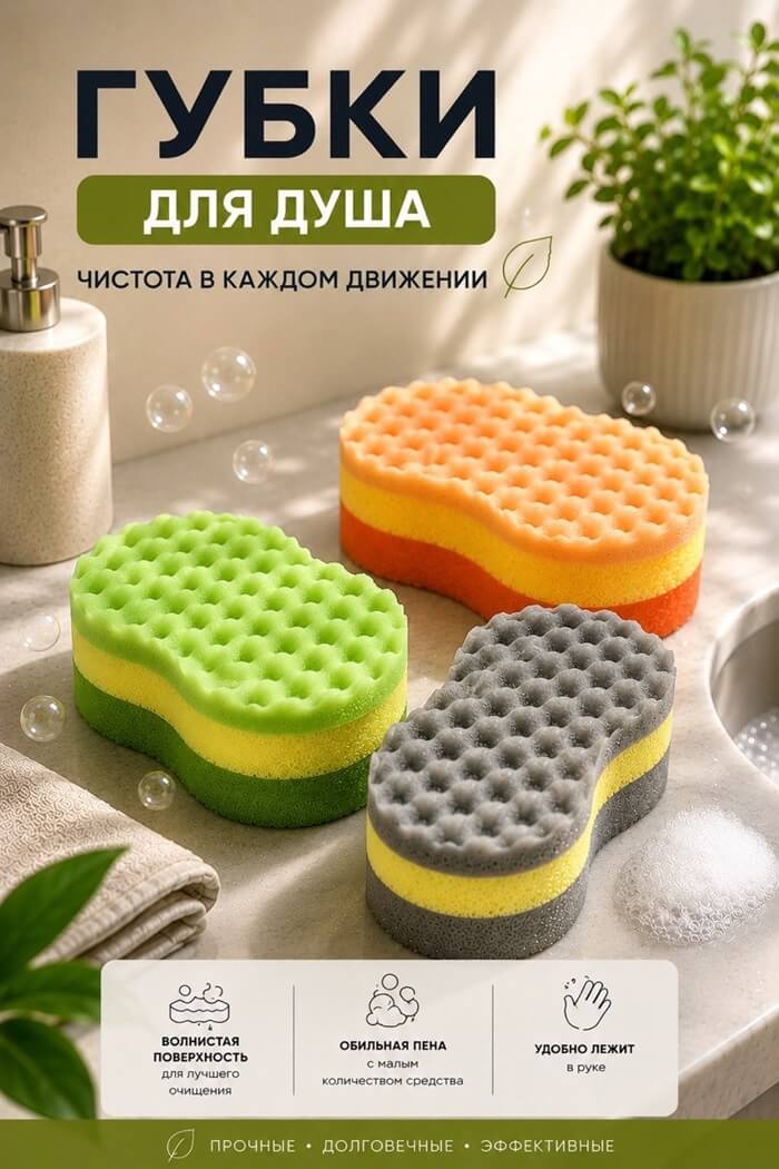 Губка для душа в упаковке (Цвет: Серый)